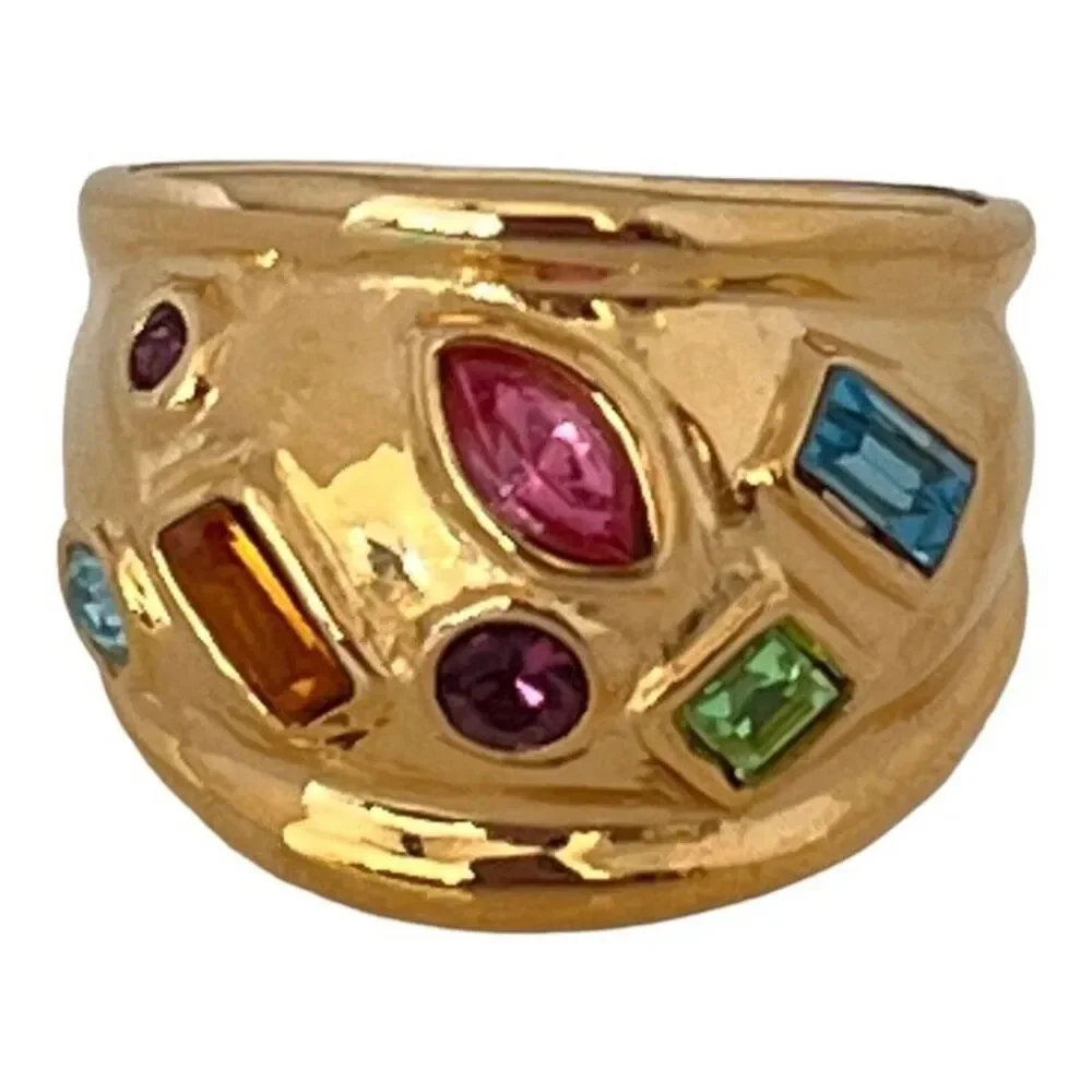 Vintage 1980s Ring Size 8 DG Multi Color CZ Wide Gold Plated Band - 14T